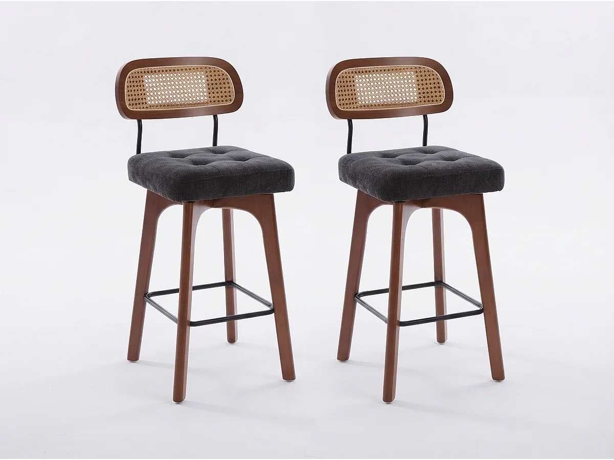 Lot de 2 Tabourets de Bar Pivotants avec Dossier Effet Rotin et Assise en Chenille Beige, Piètement Bois et Métal, Design pour Îlot Central et Cuisine