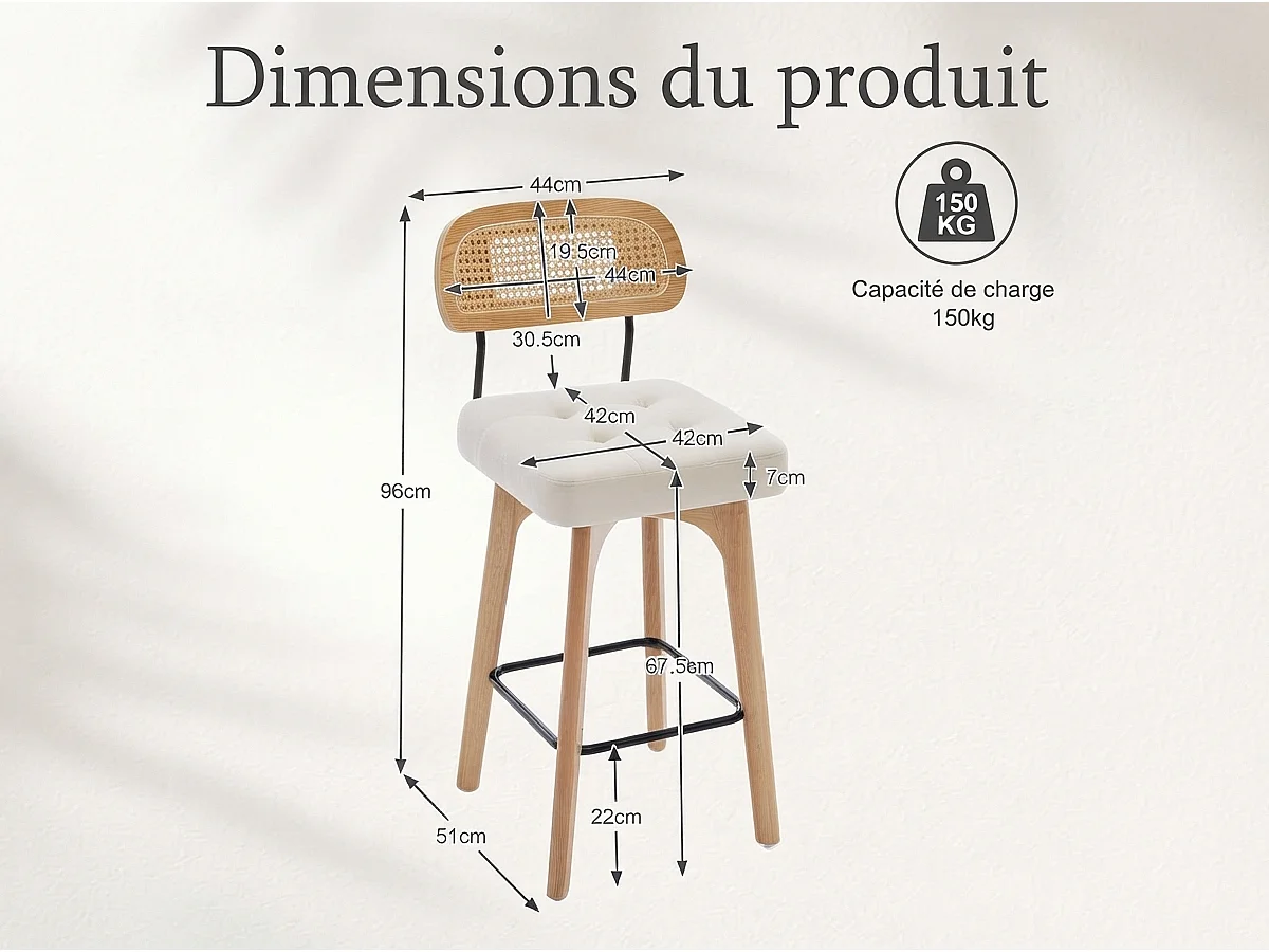 Lot de 2 Tabourets de Bar Pivotants avec Dossier Effet Rotin et Assise en Chenille Beige, Piètement Bois et Métal, Design pour Îlot Central et Cuisine