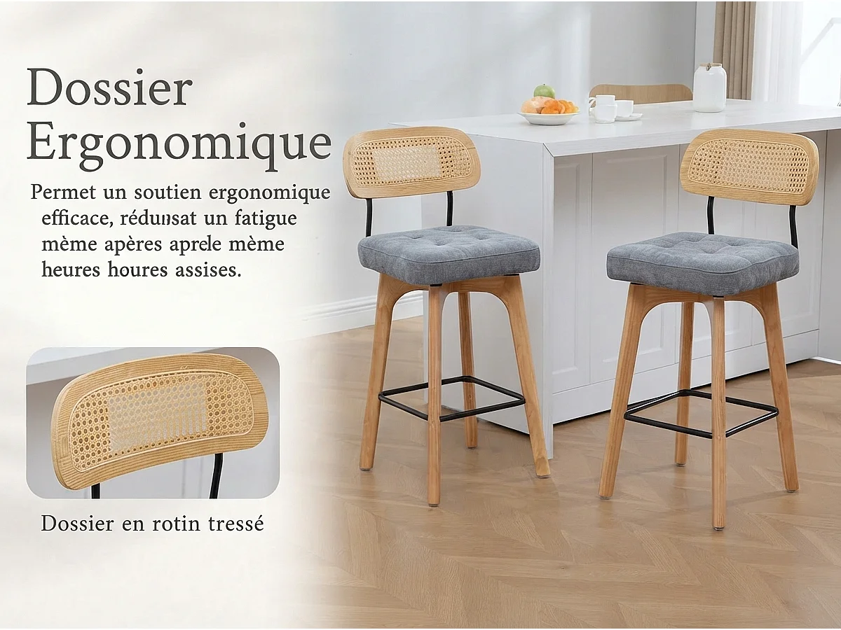 Lot de 2 Tabourets de Bar Pivotants avec Dossier Effet Rotin et Assise en Chenille Beige, Piètement Bois et Métal, Design pour Îlot Central et Cuisine