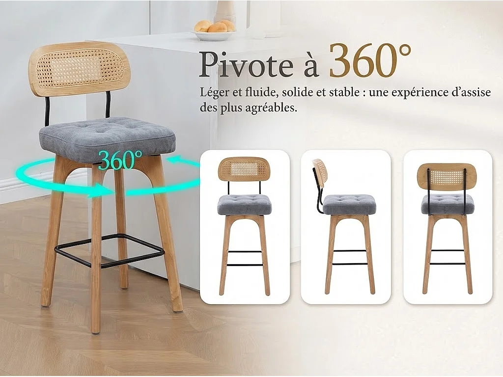 Lot de 2 Tabourets de Bar Pivotants avec Dossier Effet Rotin et Assise en Chenille Beige, Piètement Bois et Métal, Design pour Îlot Central et Cuisine