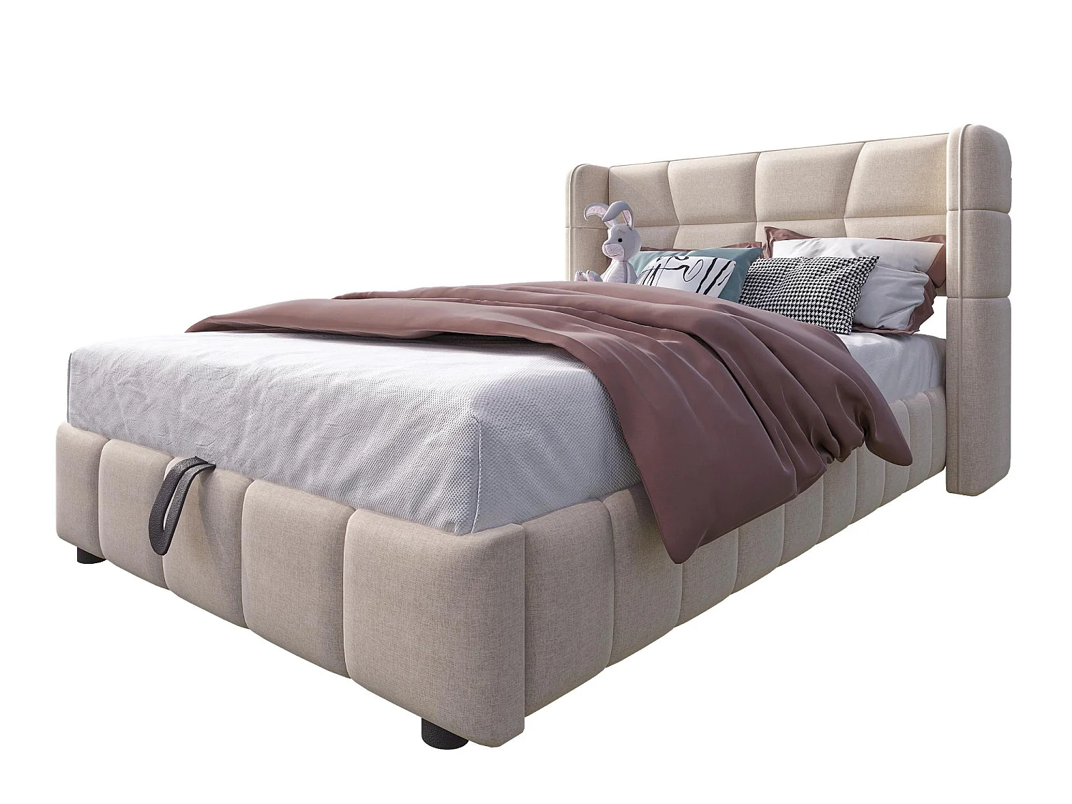 Lit Coffre 90x200 - Lit Rembourré avec Sommier à Lattes, Grand Espace de Rangement, Revêtement en Lin, Cadre en Métal, Beige