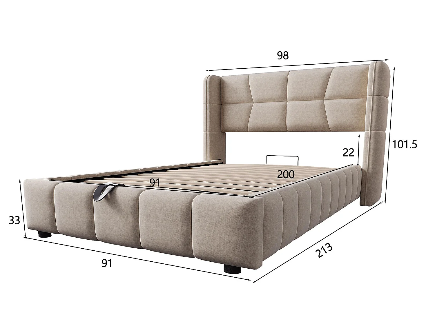 Lit Coffre 90x200 - Lit Rembourré avec Sommier à Lattes, Grand Espace de Rangement, Revêtement en Lin, Cadre en Métal, Beige