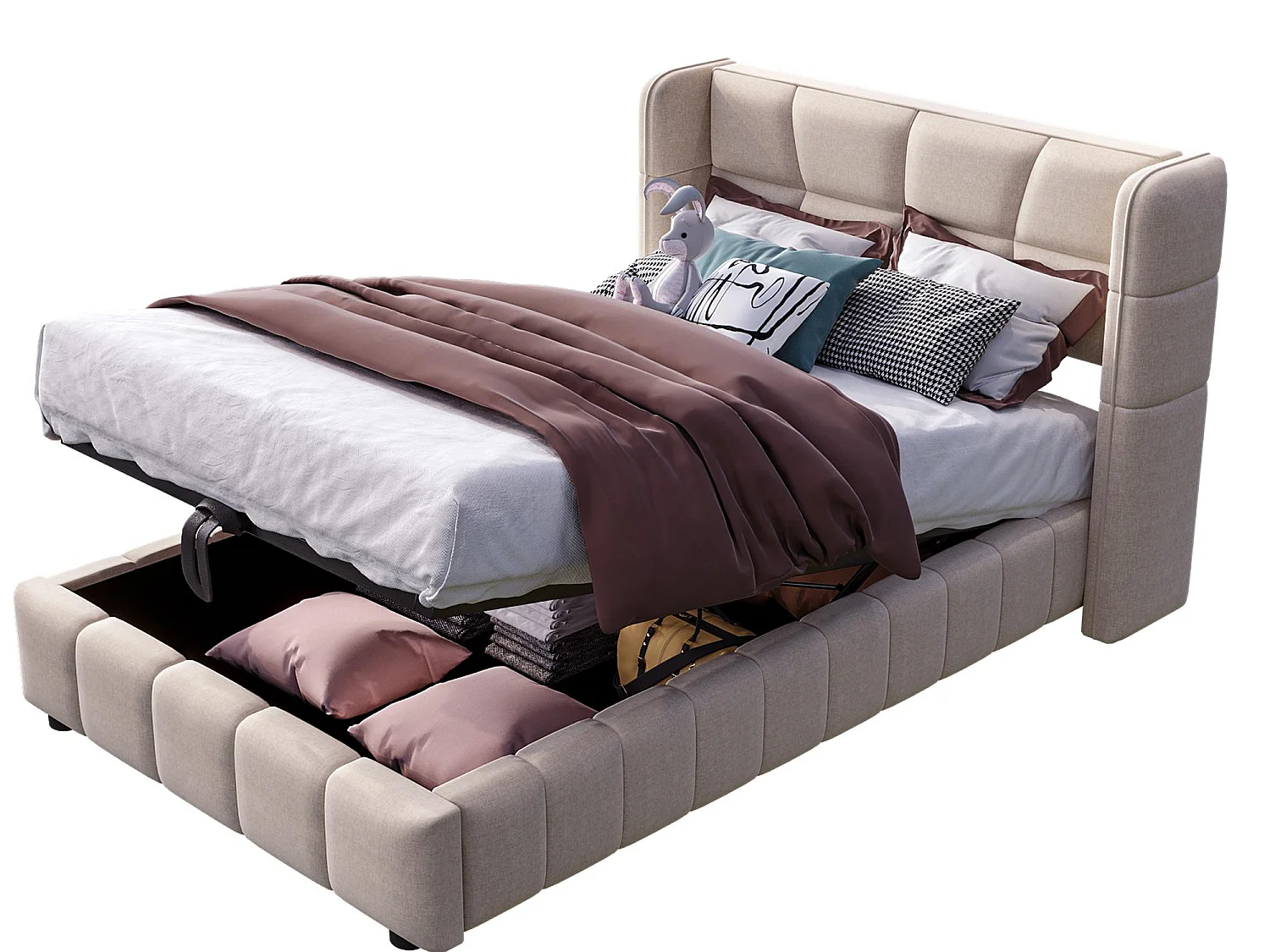 Lit Coffre 90x200 - Lit Rembourré avec Sommier à Lattes, Grand Espace de Rangement, Revêtement en Lin, Cadre en Métal, Beige