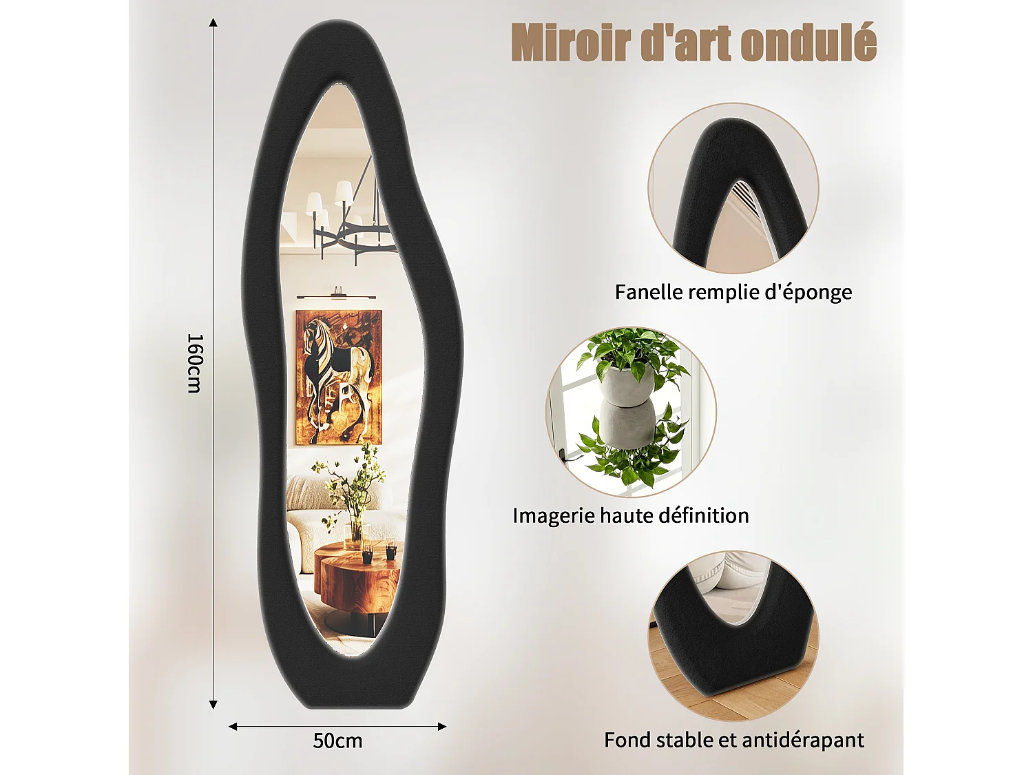 Miroir sur Pied de Forme irrégulière - 160x50cm - Haute Définition -Support en U Stable - Verre Trempé Antidéflagrant - Noir