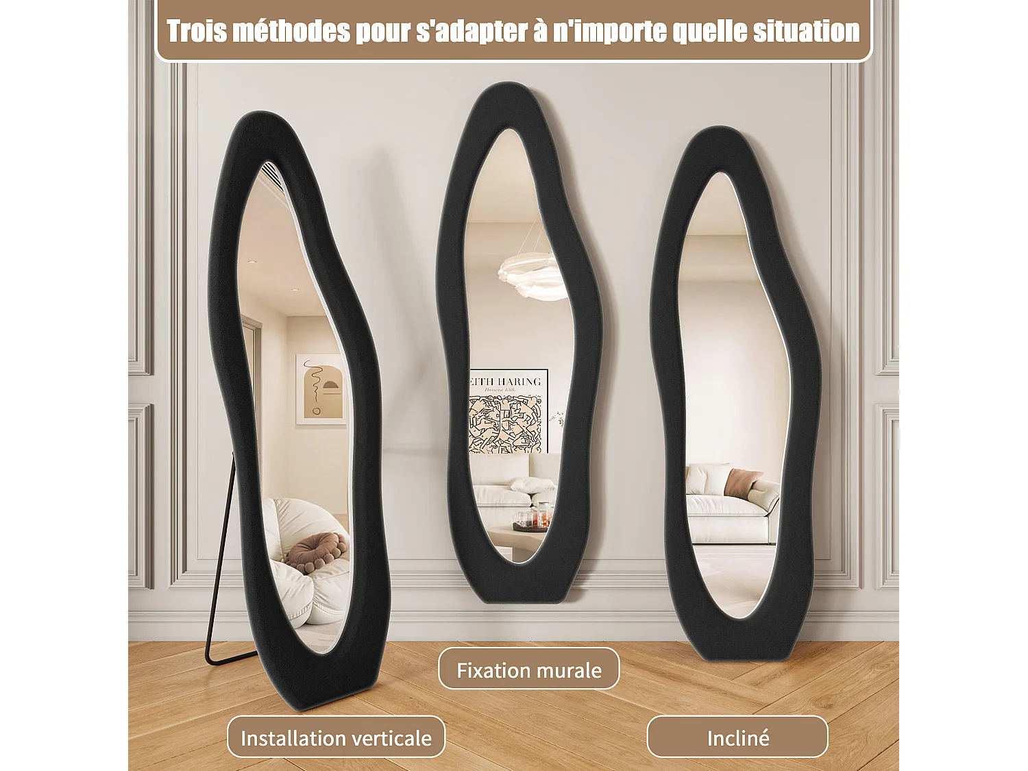 Miroir sur Pied de Forme irrégulière - 160x50cm - Haute Définition -Support en U Stable - Verre Trempé Antidéflagrant - Noir