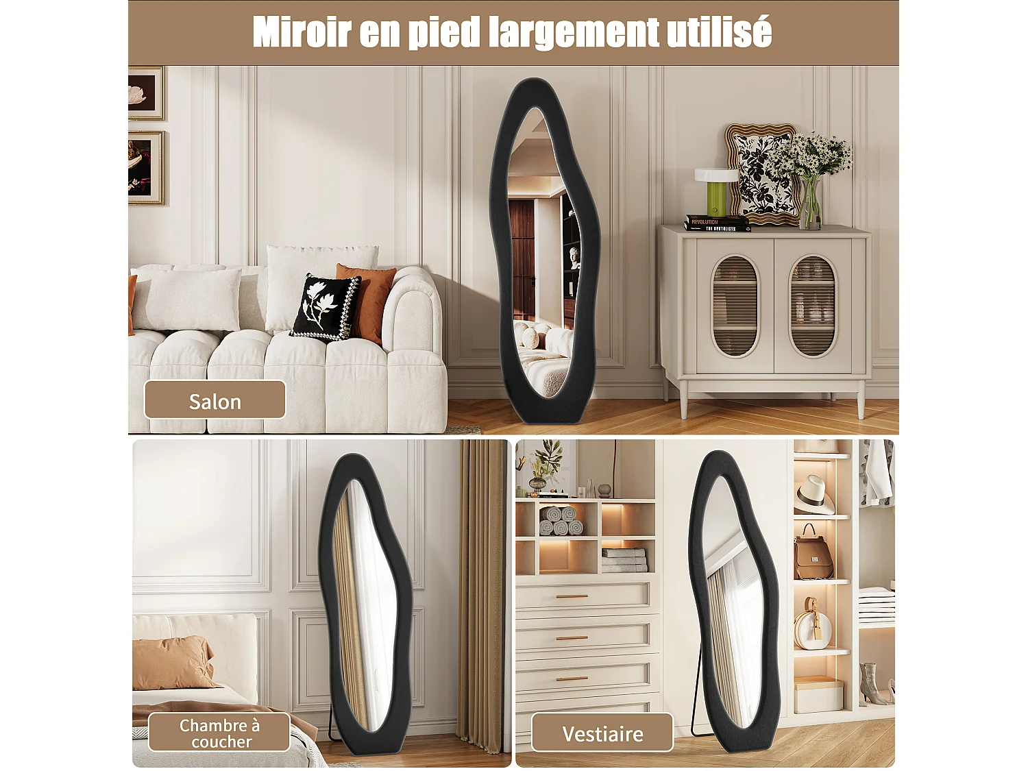 Miroir sur Pied de Forme irrégulière - 160x50cm - Haute Définition -Support en U Stable - Verre Trempé Antidéflagrant - Noir