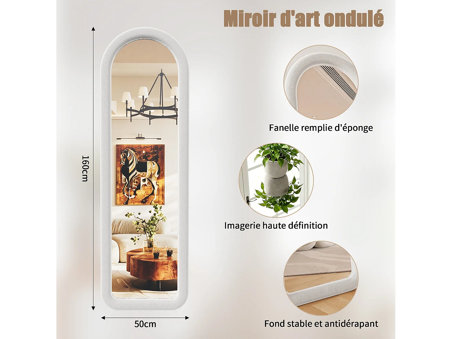 Miroir sur Pied 160x50cm Blanc - Miroir sur Pied Cintré Chambre Haute Définition - Verre Trempé Antidéflagrant -Support en U stable