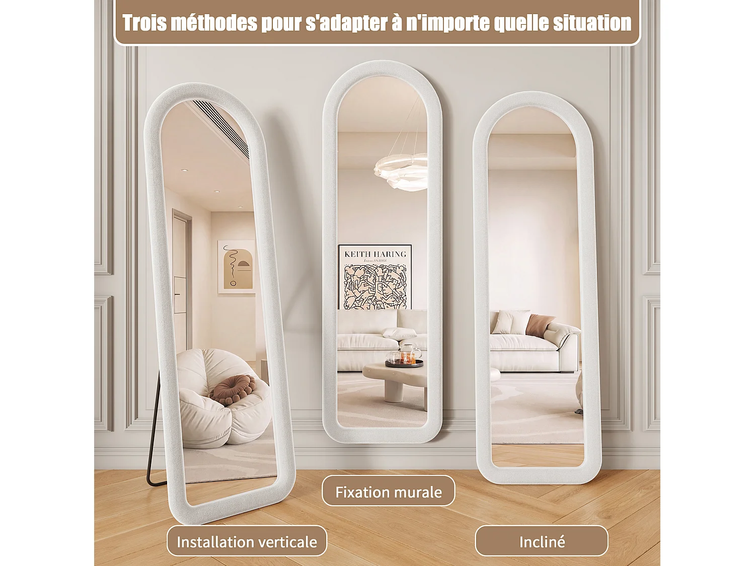 Miroir sur Pied 160x50cm Blanc - Miroir sur Pied Cintré Chambre Haute Définition - Verre Trempé Antidéflagrant -Support en U stable