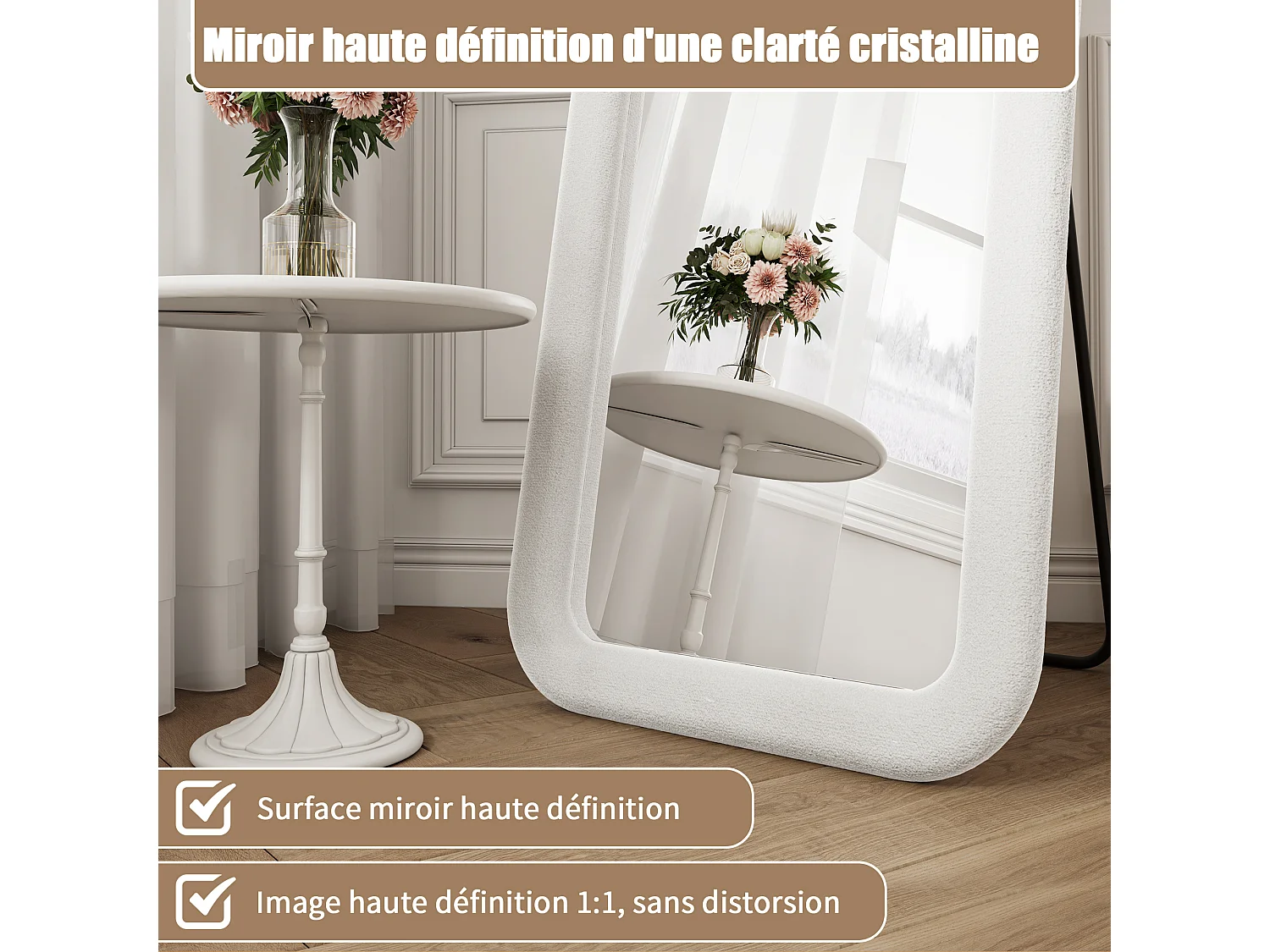 Miroir sur Pied 160x50cm Blanc - Miroir sur Pied Cintré Chambre Haute Définition - Verre Trempé Antidéflagrant -Support en U stable