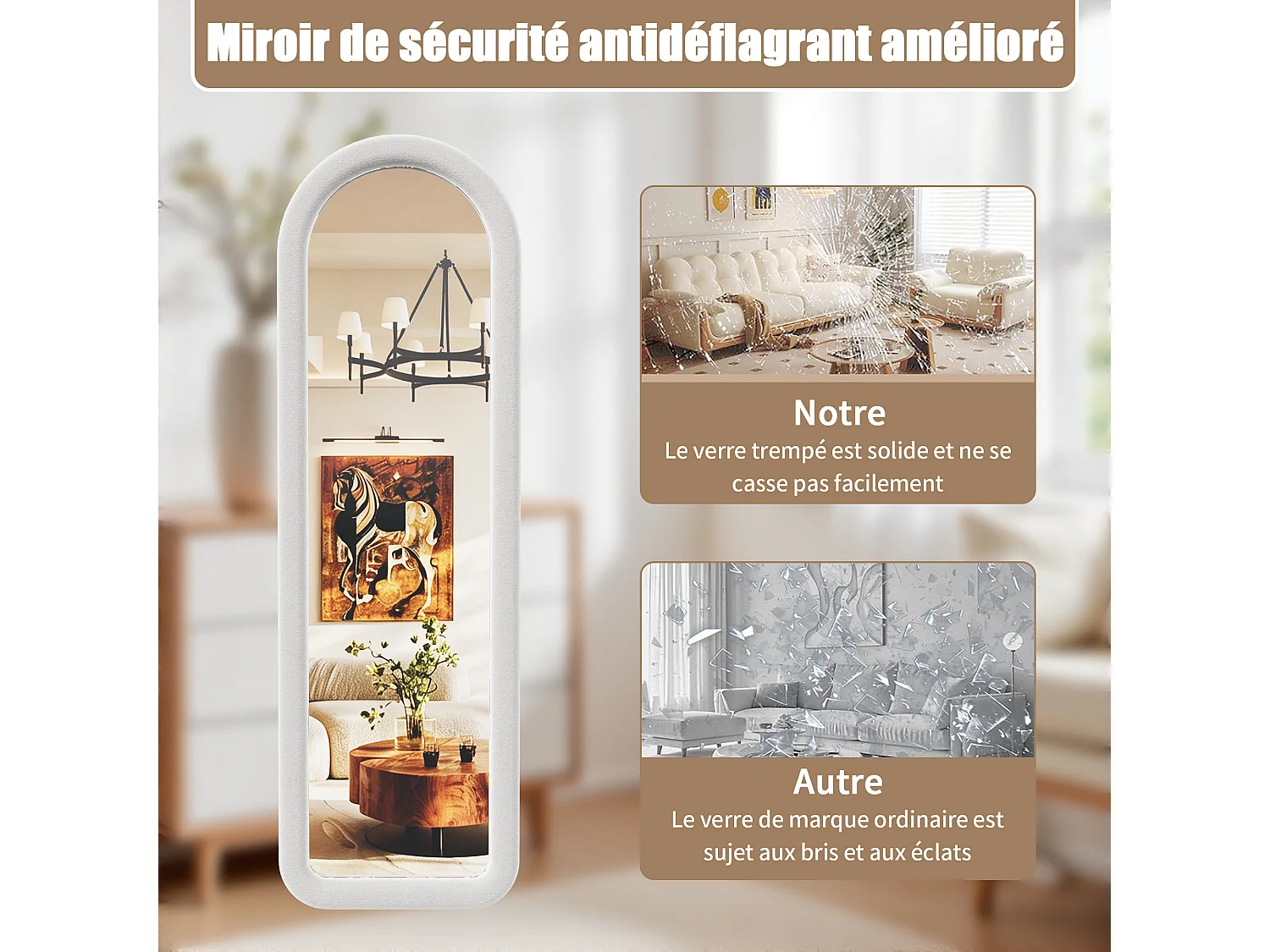 Miroir sur Pied 160x50cm Blanc - Miroir sur Pied Cintré Chambre Haute Définition - Verre Trempé Antidéflagrant -Support en U stable
