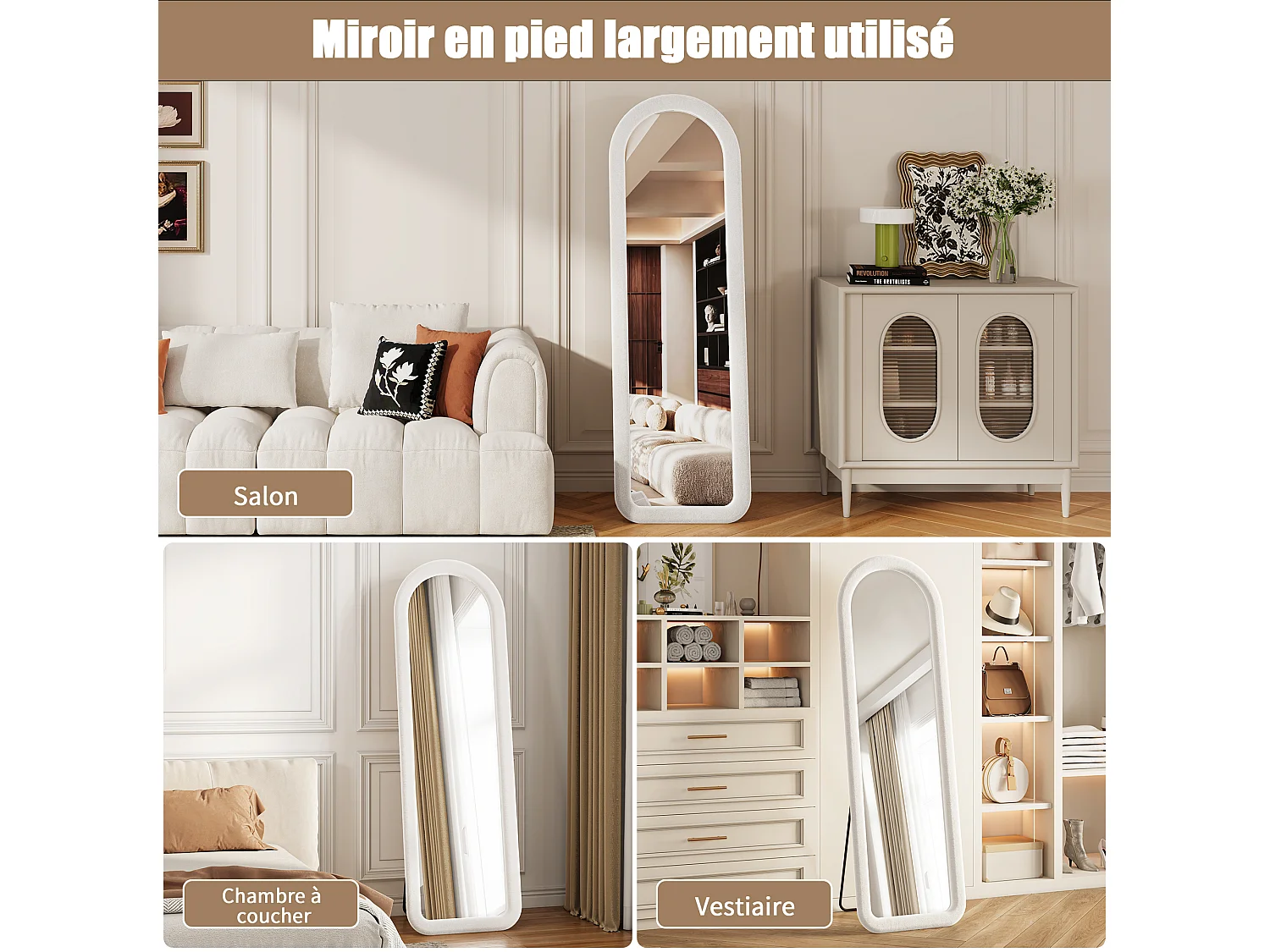 Miroir sur Pied 160x50cm Blanc - Miroir sur Pied Cintré Chambre Haute Définition - Verre Trempé Antidéflagrant -Support en U stable