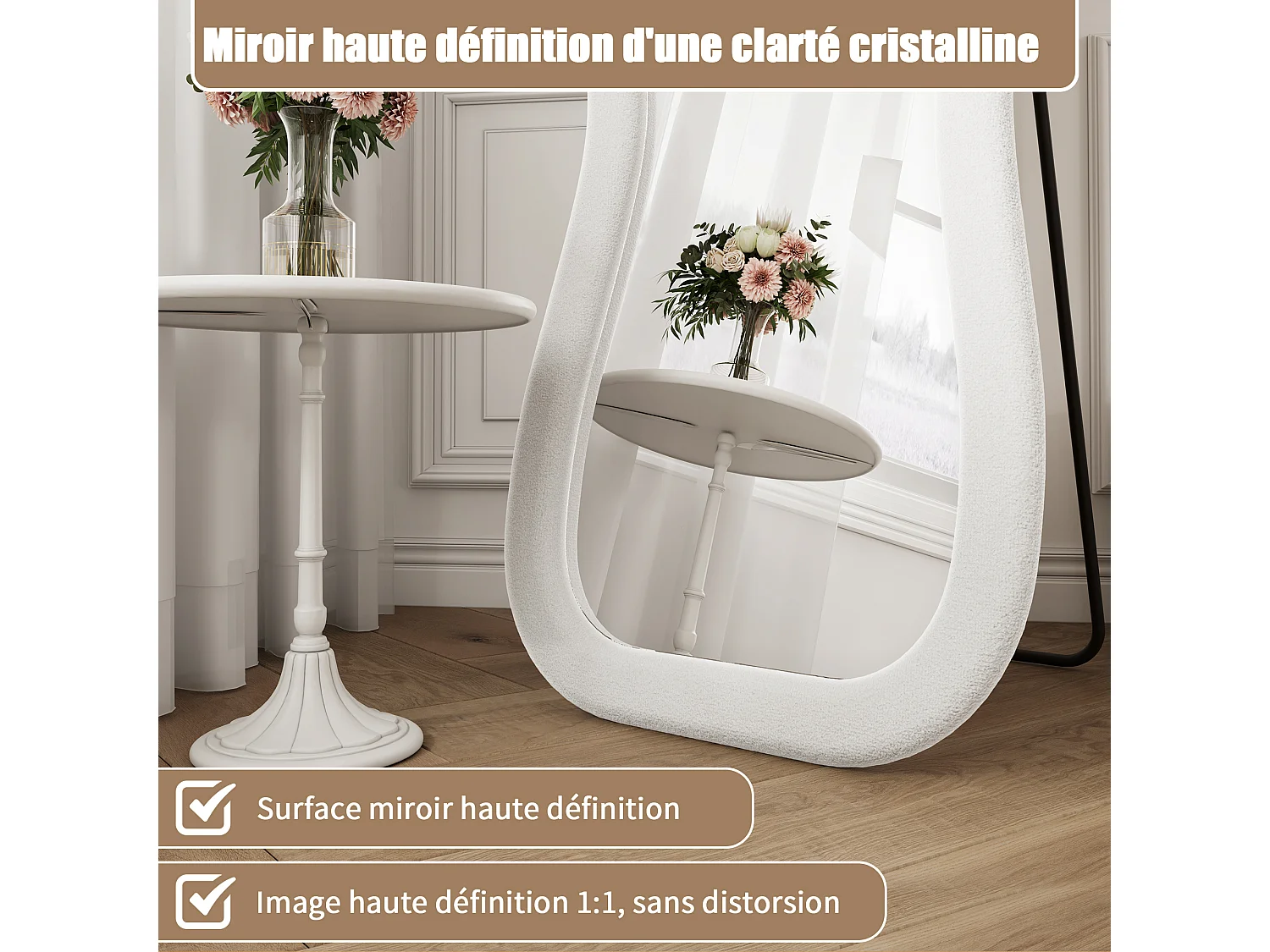 Miroir sur Pied Chambre 160x50cm Blanc - Miroir sur pied Ondulé Haute Définition -Support en U stable - Verre Trempé Antidéflagrant