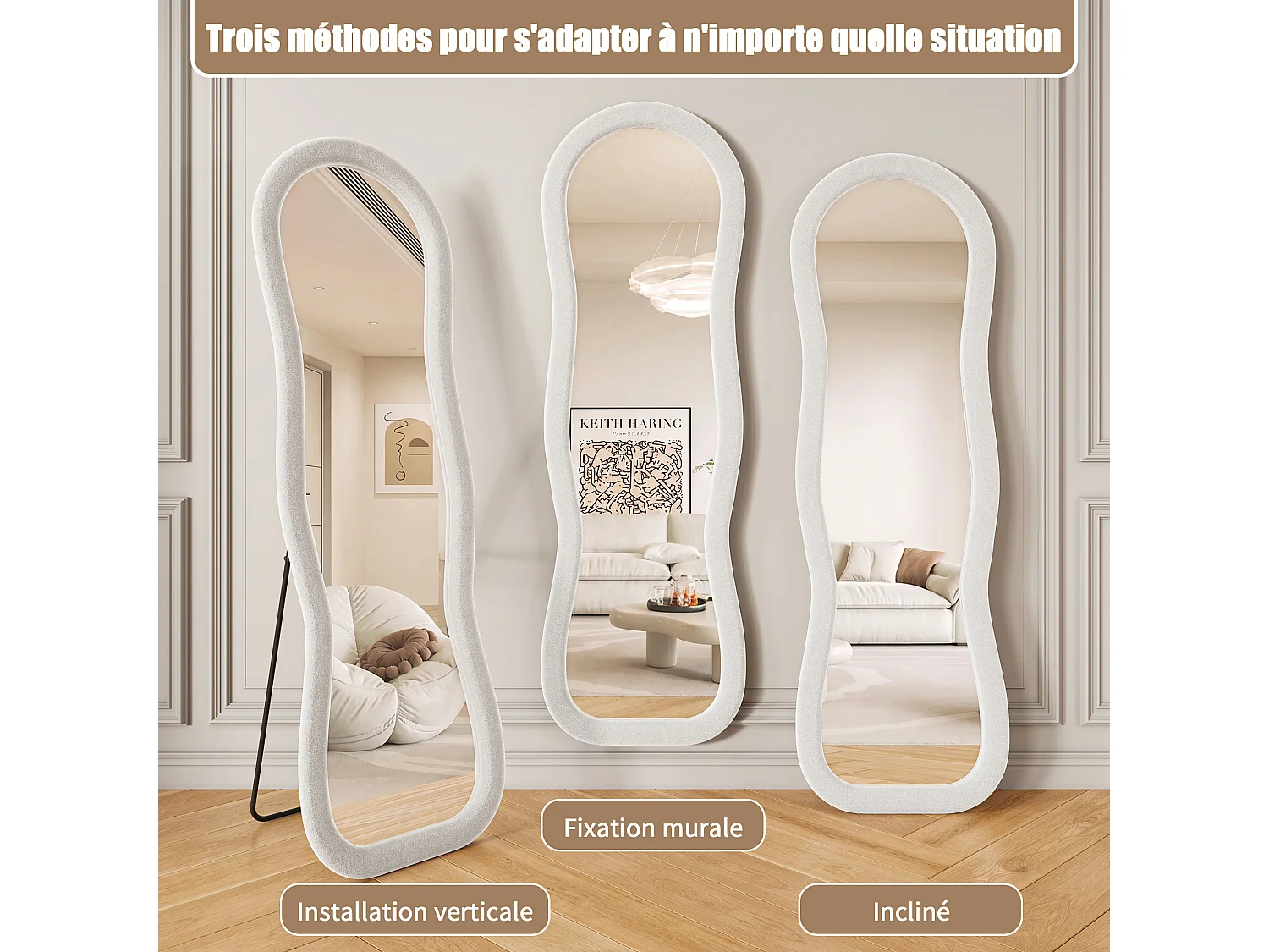 Miroir sur Pied Chambre 160x50cm Blanc - Miroir sur pied Ondulé Haute Définition -Support en U stable - Verre Trempé Antidéflagrant