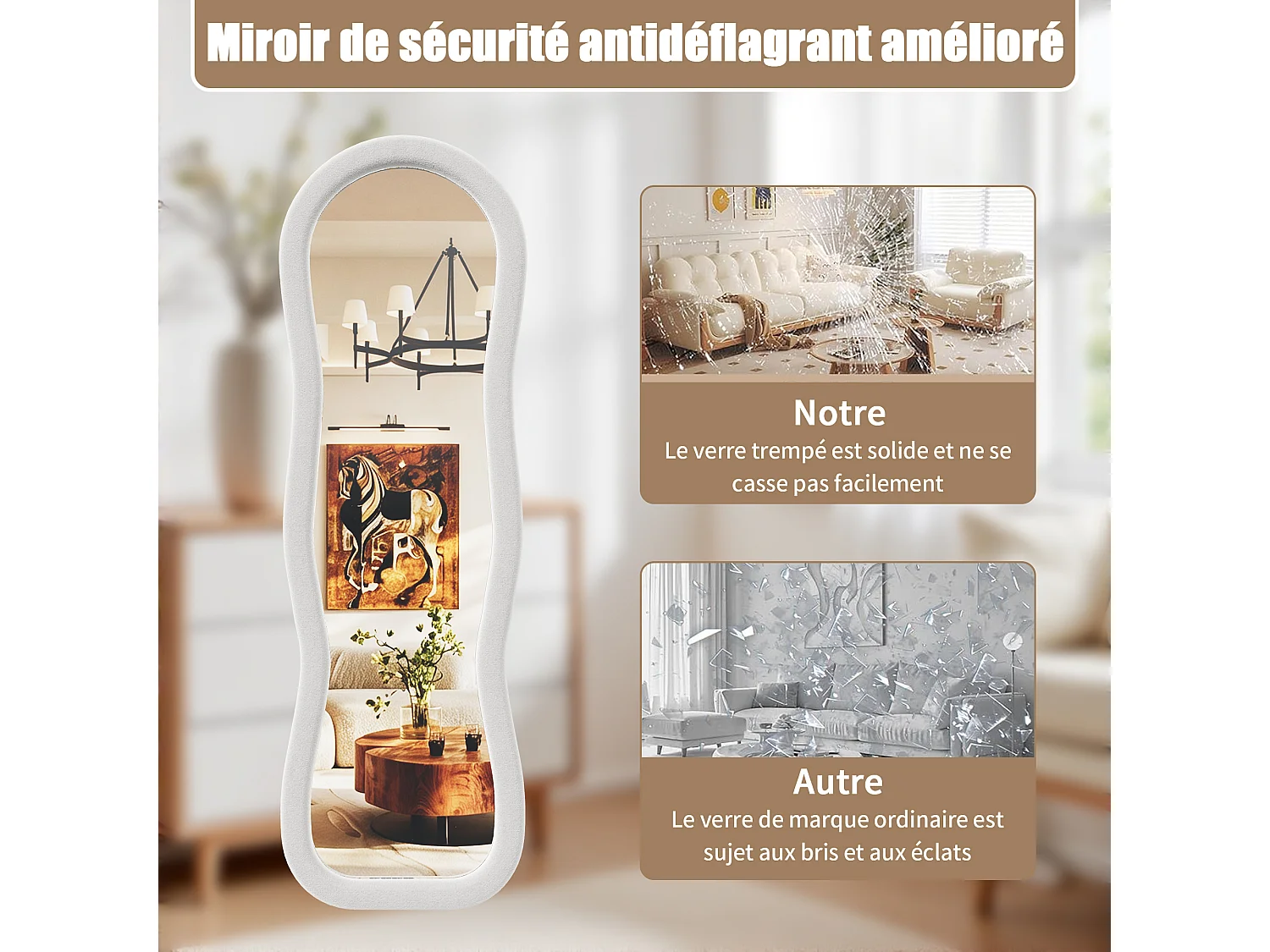 Miroir sur Pied Chambre 160x50cm Blanc - Miroir sur pied Ondulé Haute Définition -Support en U stable - Verre Trempé Antidéflagrant