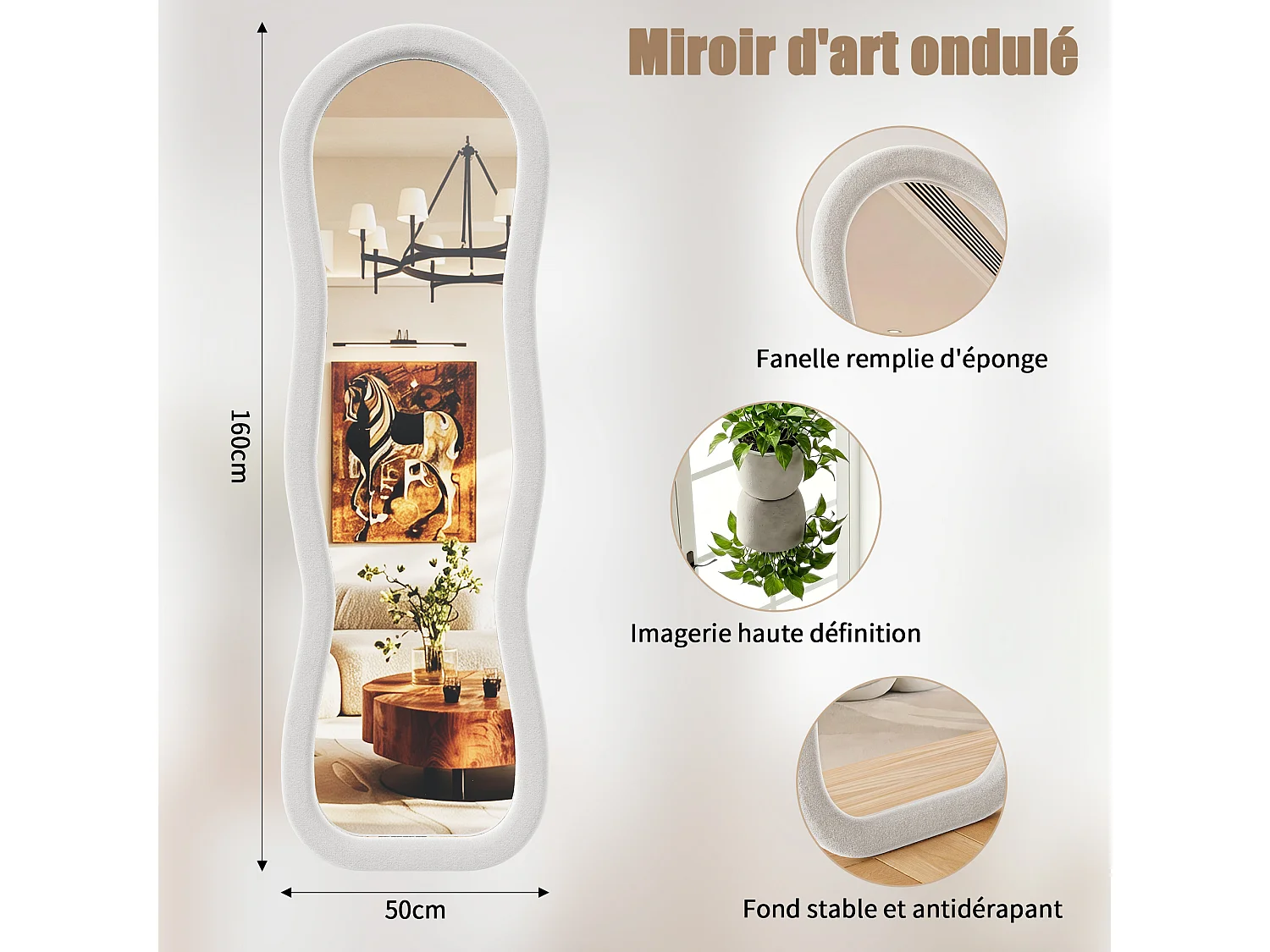 Miroir sur Pied Chambre 160x50cm Blanc - Miroir sur pied Ondulé Haute Définition -Support en U stable - Verre Trempé Antidéflagrant