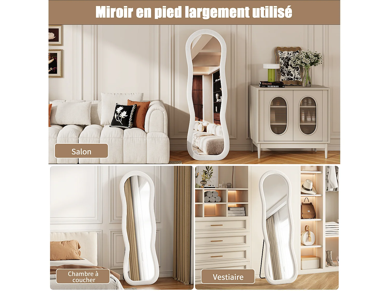 Miroir sur Pied Chambre 160x50cm Blanc - Miroir sur pied Ondulé Haute Définition -Support en U stable - Verre Trempé Antidéflagrant