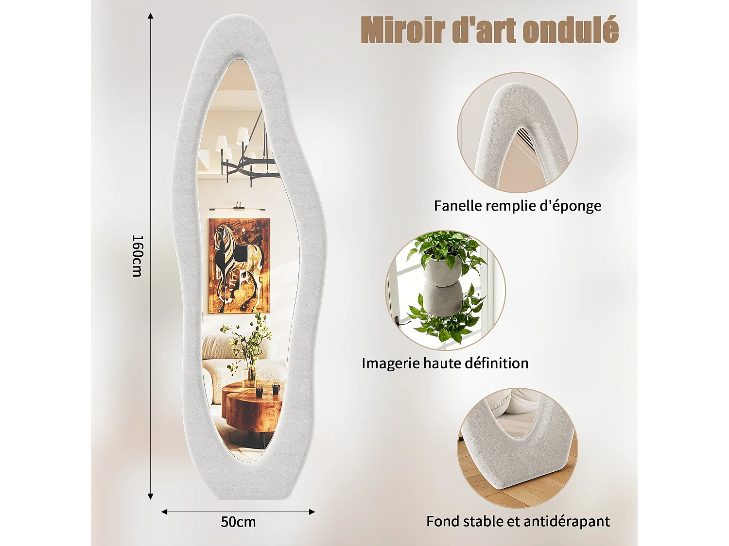 Miroir sur Pied de Forme irrégulière - 160x50cm - Haute Définition -Support en U Stable - Verre Trempé Antidéflagrant - Blanc