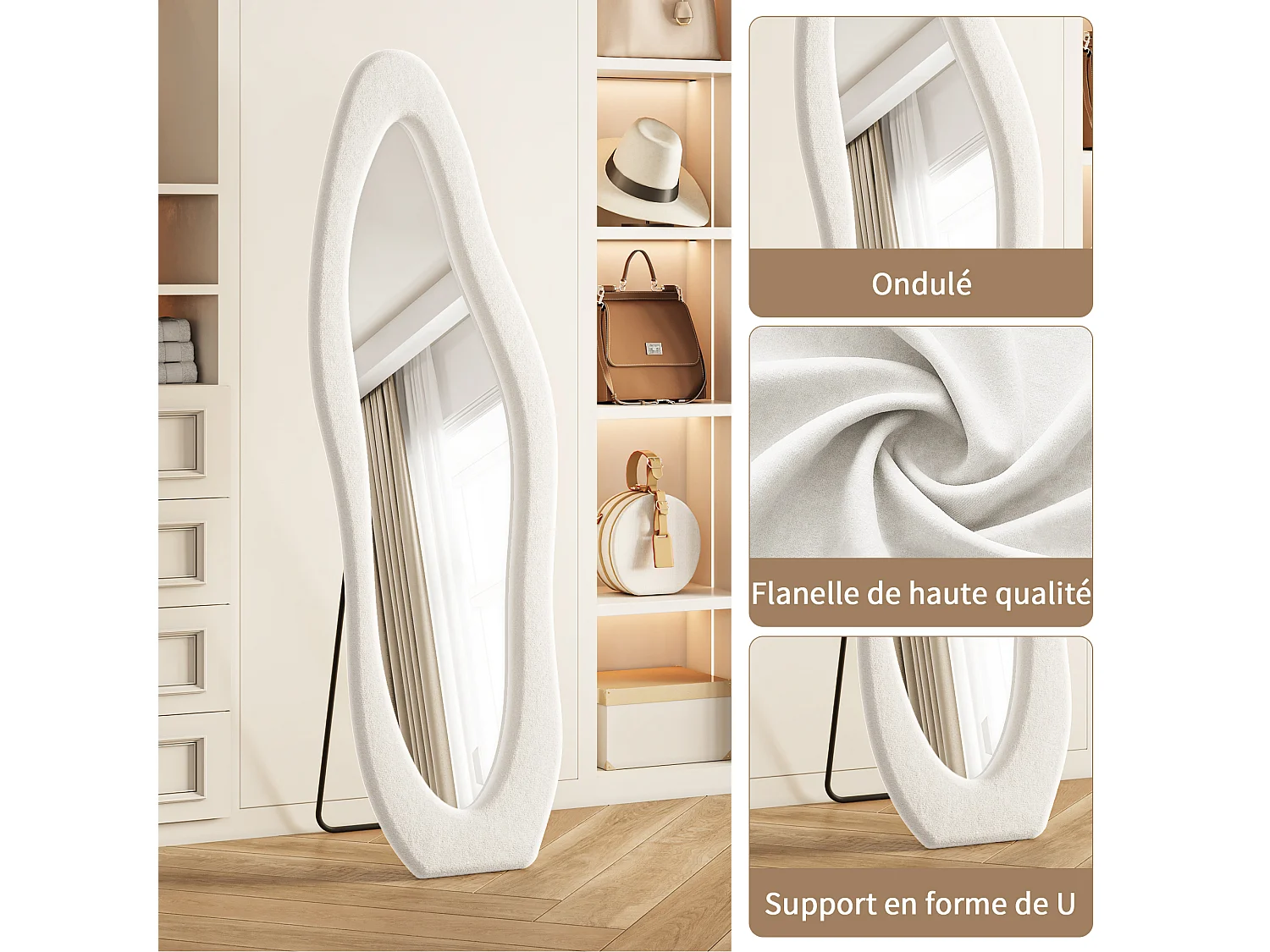 Miroir sur Pied de Forme irrégulière - 160x50cm - Haute Définition -Support en U Stable - Verre Trempé Antidéflagrant - Blanc