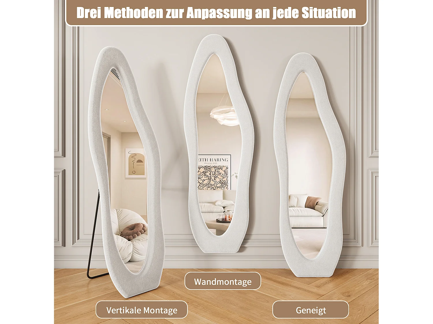 Miroir sur Pied de Forme irrégulière - 160x50cm - Haute Définition -Support en U Stable - Verre Trempé Antidéflagrant - Blanc