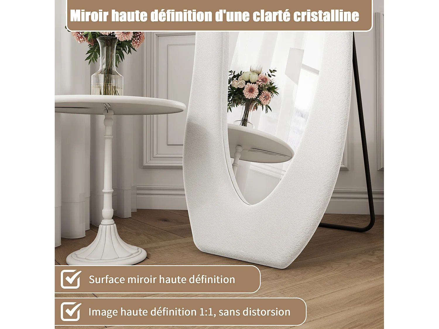 Miroir sur Pied de Forme irrégulière - 160x50cm - Haute Définition -Support en U Stable - Verre Trempé Antidéflagrant - Blanc
