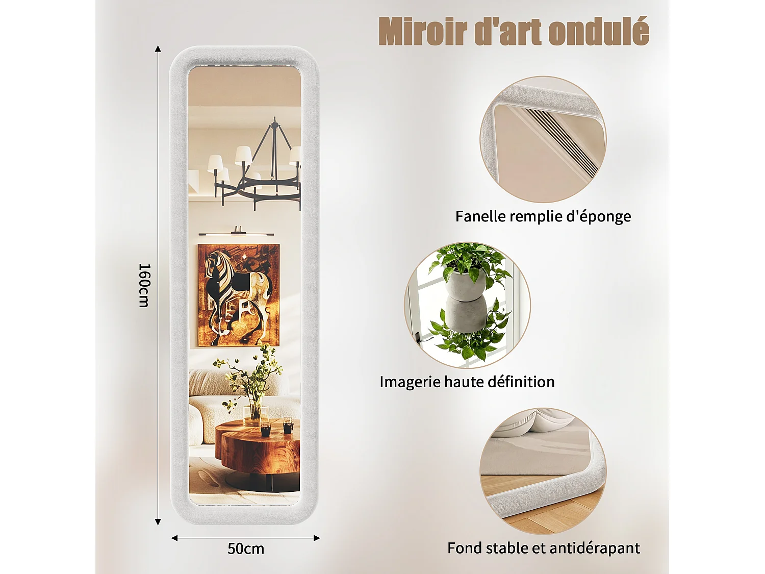 Miroir sur Pied 160x50cm - Verre Trempé Antidéflagrant - Haute Définition - Cadre en Flanelle de Qualité -  Miroir Chambre Blanc