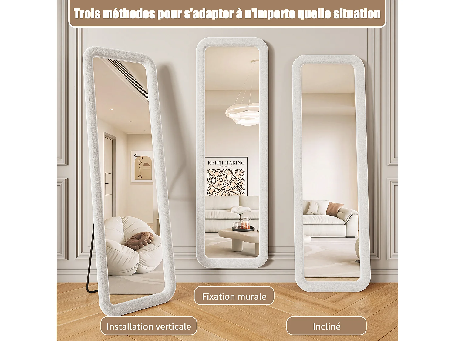 Miroir sur Pied 160x50cm - Verre Trempé Antidéflagrant - Haute Définition - Cadre en Flanelle de Qualité -  Miroir Chambre Blanc