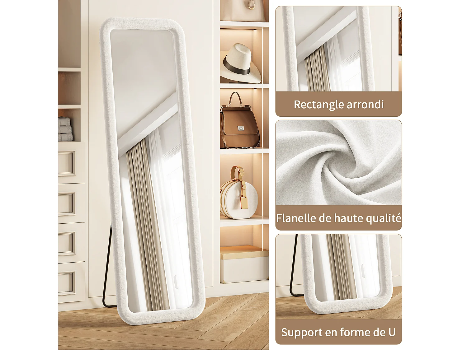 Miroir sur Pied 160x50cm - Verre Trempé Antidéflagrant - Haute Définition - Cadre en Flanelle de Qualité -  Miroir Chambre Blanc