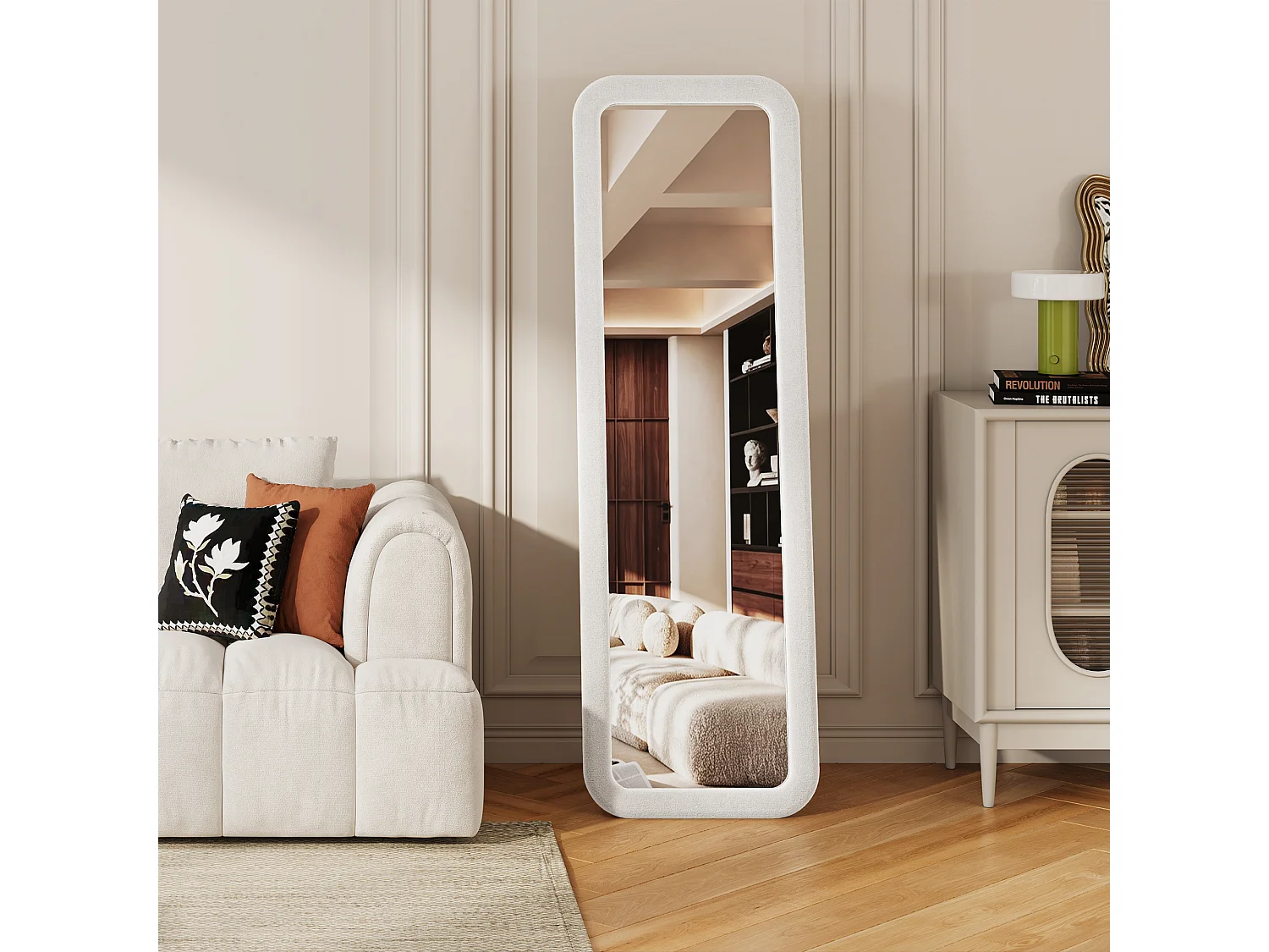 Miroir sur Pied 160x50cm - Verre Trempé Antidéflagrant - Haute Définition - Cadre en Flanelle de Qualité -  Miroir Chambre Blanc