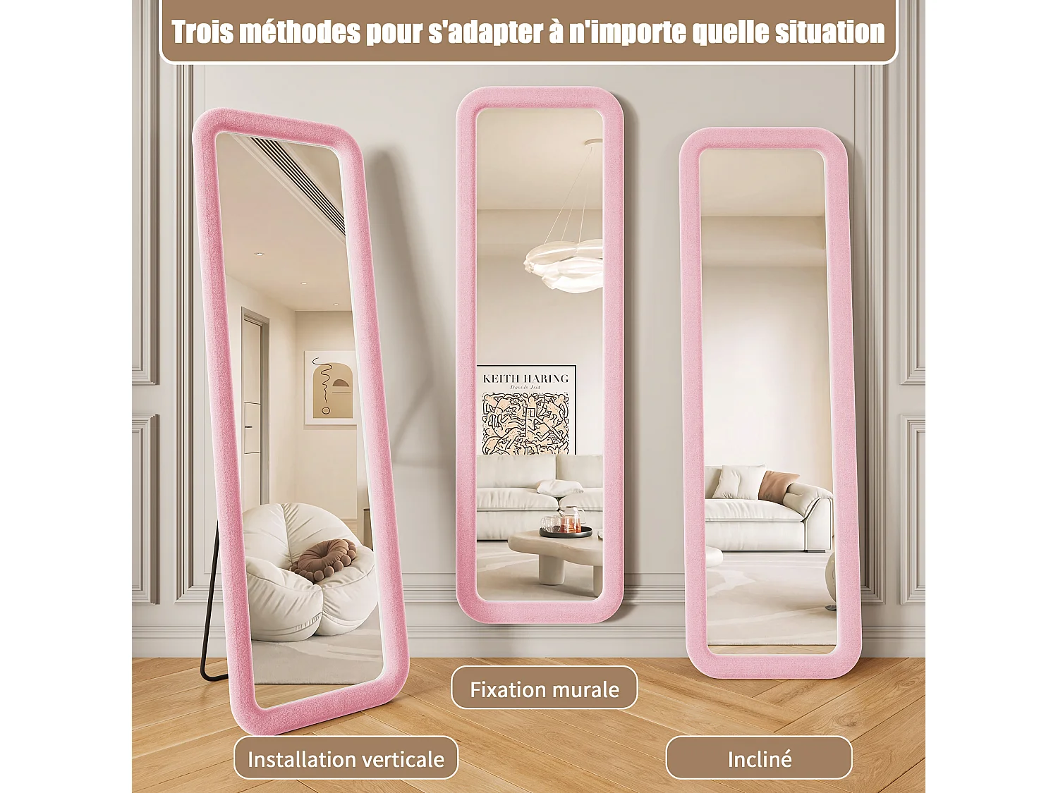 Miroir sur Pied 160x50cm - Miroir Chambre Rose Haute Définition - Verre Trempé Antidéflagrant - Cadre en Flanelle de Qualité