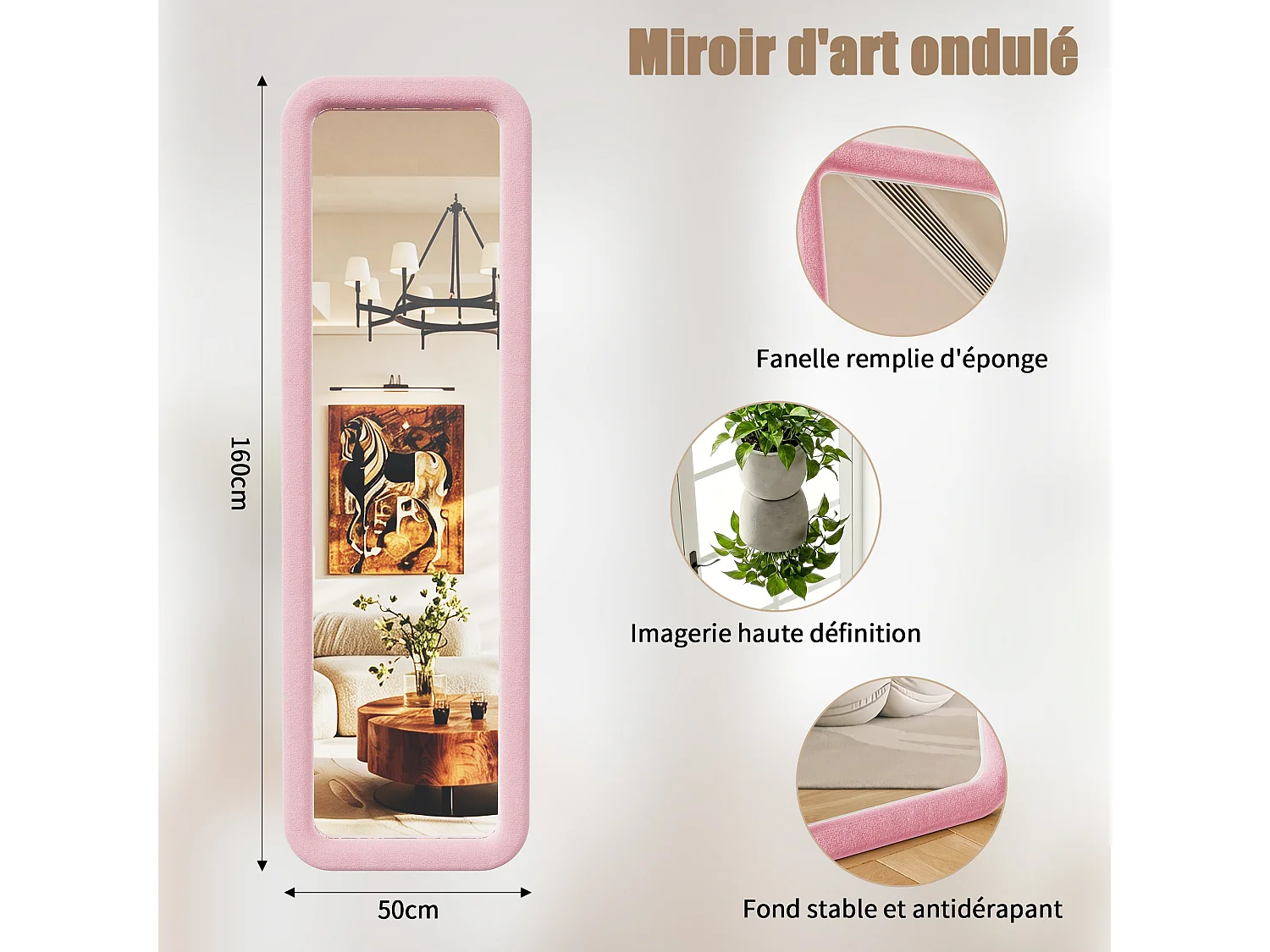 Miroir sur Pied 160x50cm - Miroir Chambre Rose Haute Définition - Verre Trempé Antidéflagrant - Cadre en Flanelle de Qualité