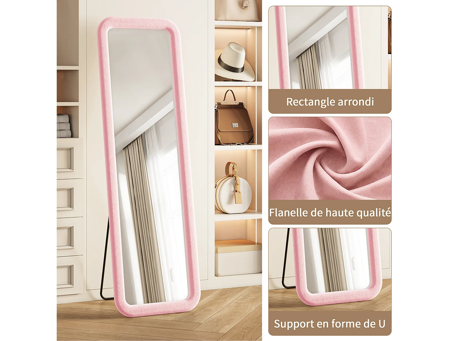 Miroir sur Pied 160x50cm - Miroir Chambre Rose Haute Définition - Verre Trempé Antidéflagrant - Cadre en Flanelle de Qualité