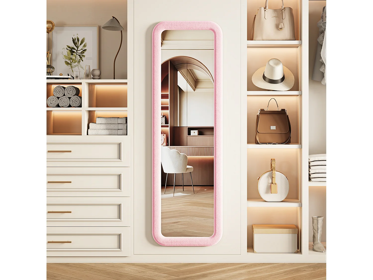 Miroir sur Pied 160x50cm - Miroir Chambre Rose Haute Définition - Verre Trempé Antidéflagrant - Cadre en Flanelle de Qualité