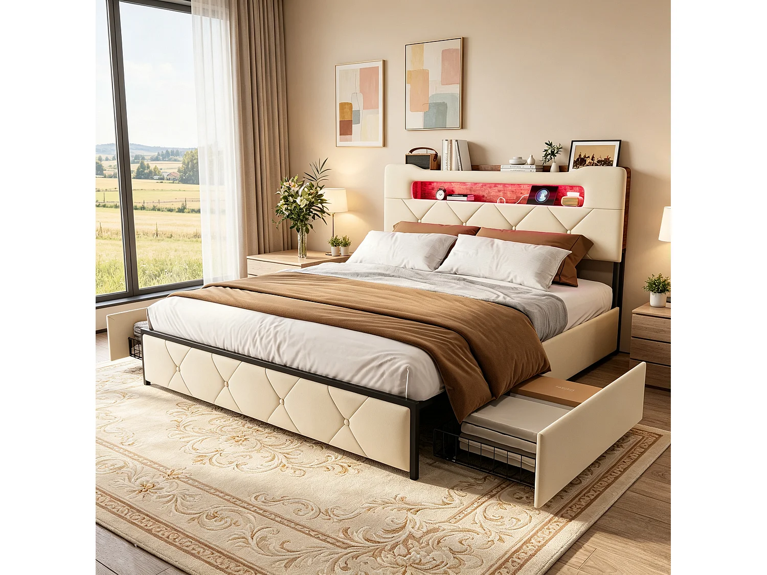 Lit Double 140x190cm avec Tête de Lit Rangement - Éclairage LED et 2 Ports USB/Type-C - 4 Tiroirs à Roulettes - Velours beige