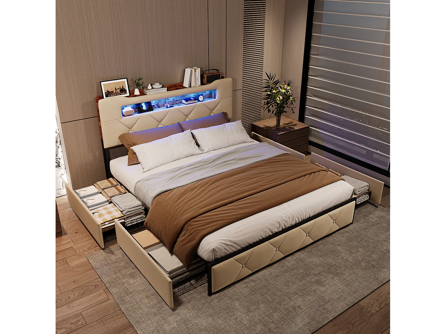 Lit Double 140x190cm avec Tête de Lit Rangement - Éclairage LED et 2 Ports USB/Type-C - 4 Tiroirs à Roulettes - Velours beige
