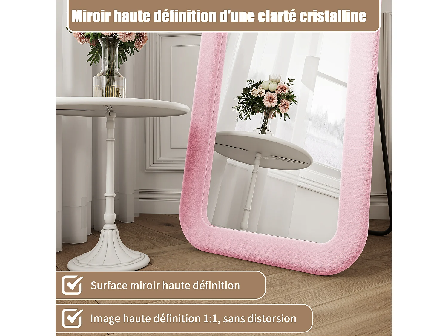 Roze staande spiegel (160x50 cm) - Gebogen slaapkamerspiegel met hoge resolutie - Onbreekbaar gehard glas - Stabiele U-vormige standaard