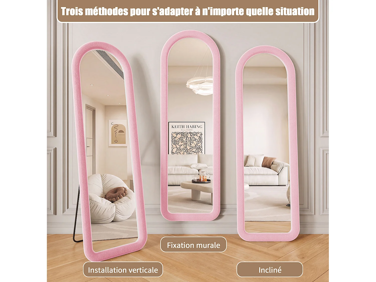 Roze staande spiegel (160x50 cm) - Gebogen slaapkamerspiegel met hoge resolutie - Onbreekbaar gehard glas - Stabiele U-vormige standaard