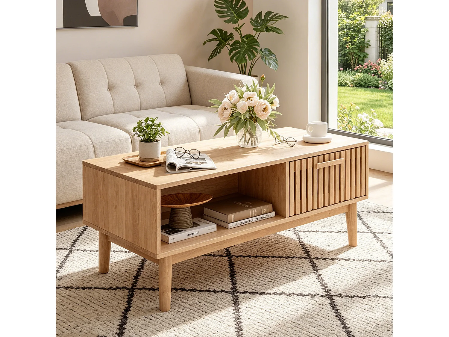 Table Basse Bois avec Tiroirs et Stockage Ouvert - KILISKY - Pieds Bois - Table de Canapé - Salons jardins chambres - 100x50x43cm