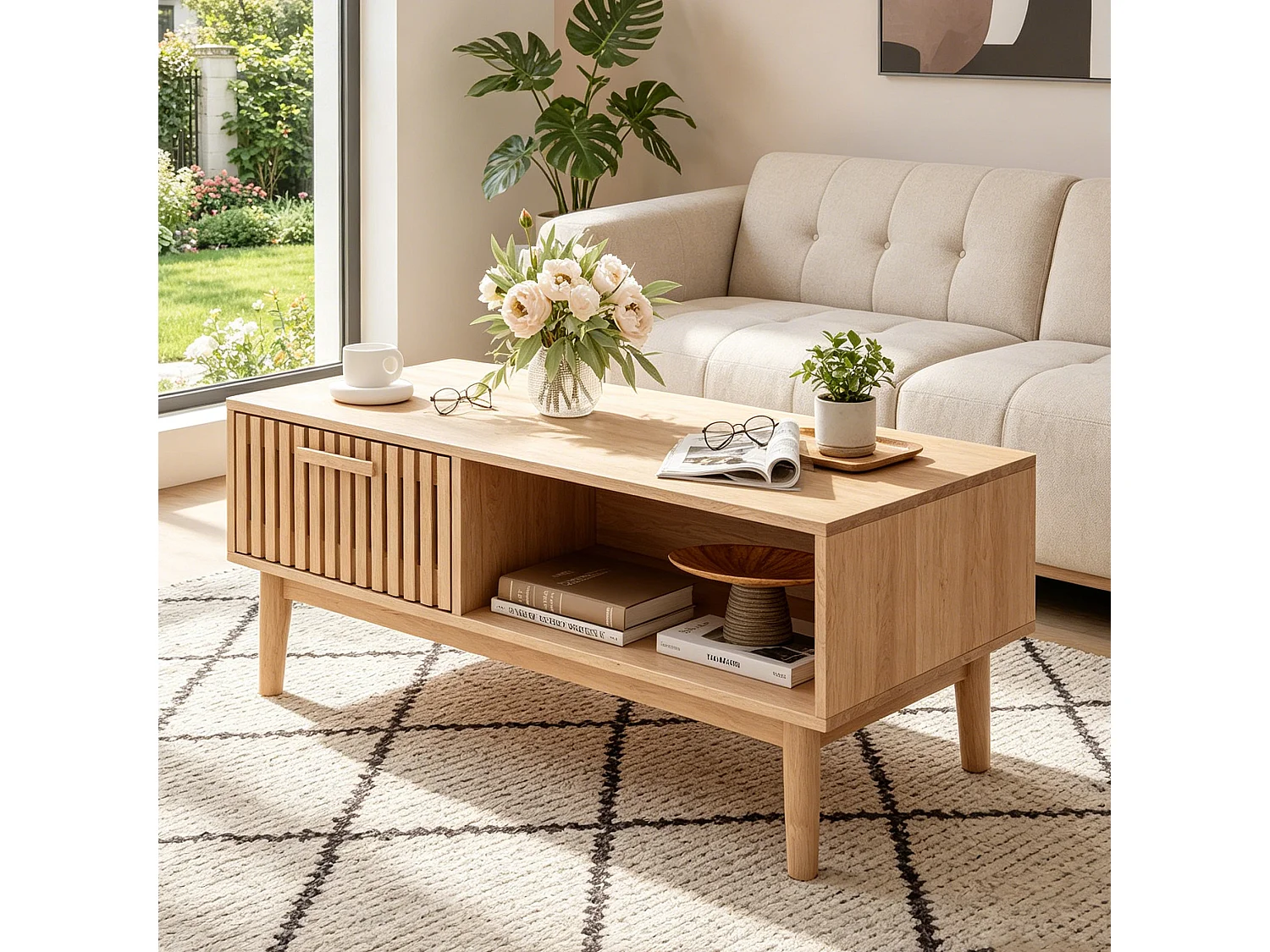 Table Basse Bois avec Tiroirs et Stockage Ouvert - KILISKY - Pieds Bois - Table de Canapé - Salons jardins chambres - 100x50x43cm