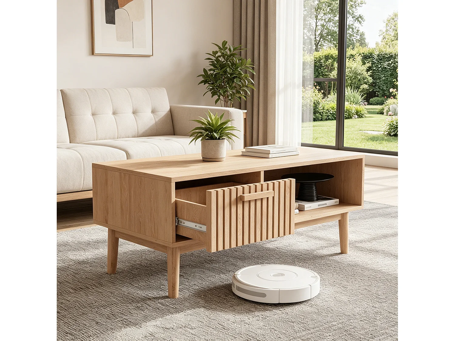 Table Basse Bois avec Tiroirs et Stockage Ouvert - KILISKY - Pieds Bois - Table de Canapé - Salons jardins chambres - 100x50x43cm