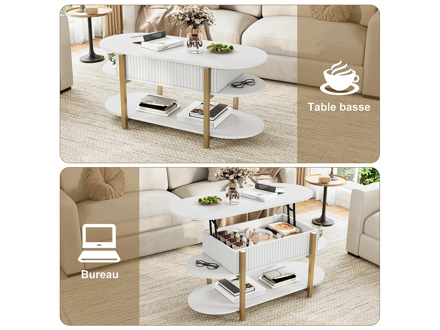 Table Basse Blanc avec Plateau Relevable,Grand Rangement,Table Basse Bois,Design Moderne,Idéale Salon/Chambre/Jardin,106x45x50cm