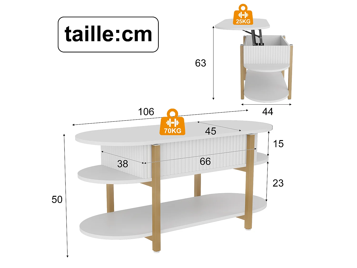 Table Basse Blanc avec Plateau Relevable,Grand Rangement,Table Basse Bois,Design Moderne,Idéale Salon/Chambre/Jardin,106x45x50cm