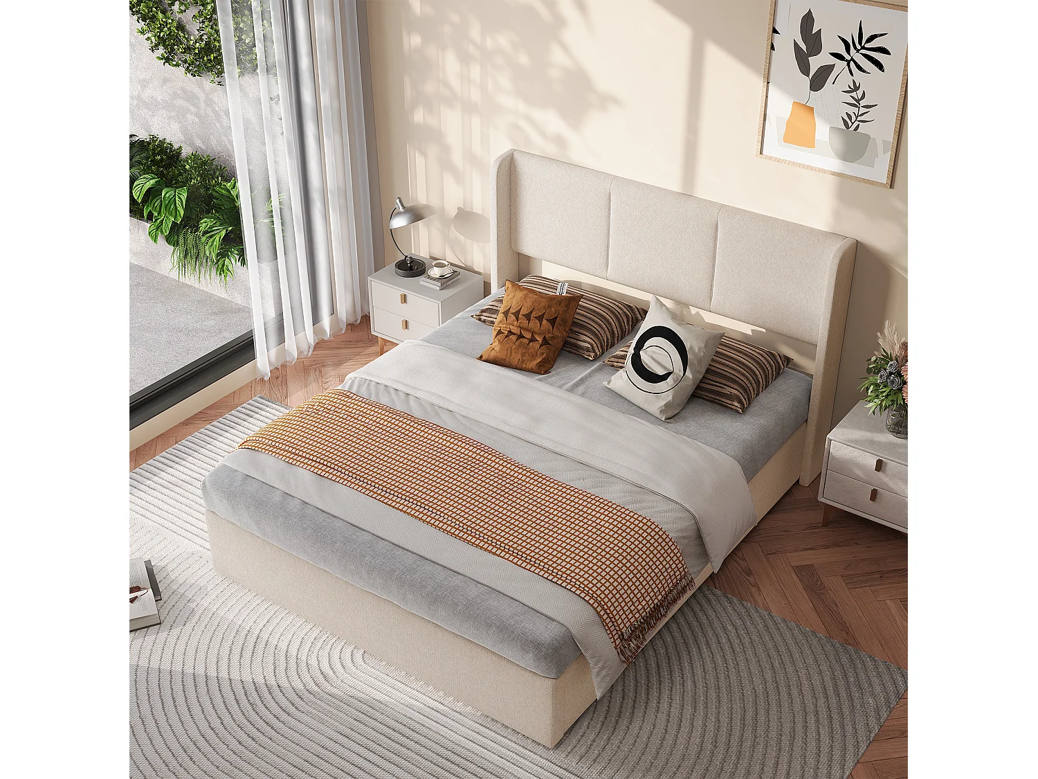 Lit Coffre 140x190 avec Sommier et Tete de Lit Rembourré - Tissu de Lin - Cadre de Lit 2 place - pour Adultes Adolescents - Beige