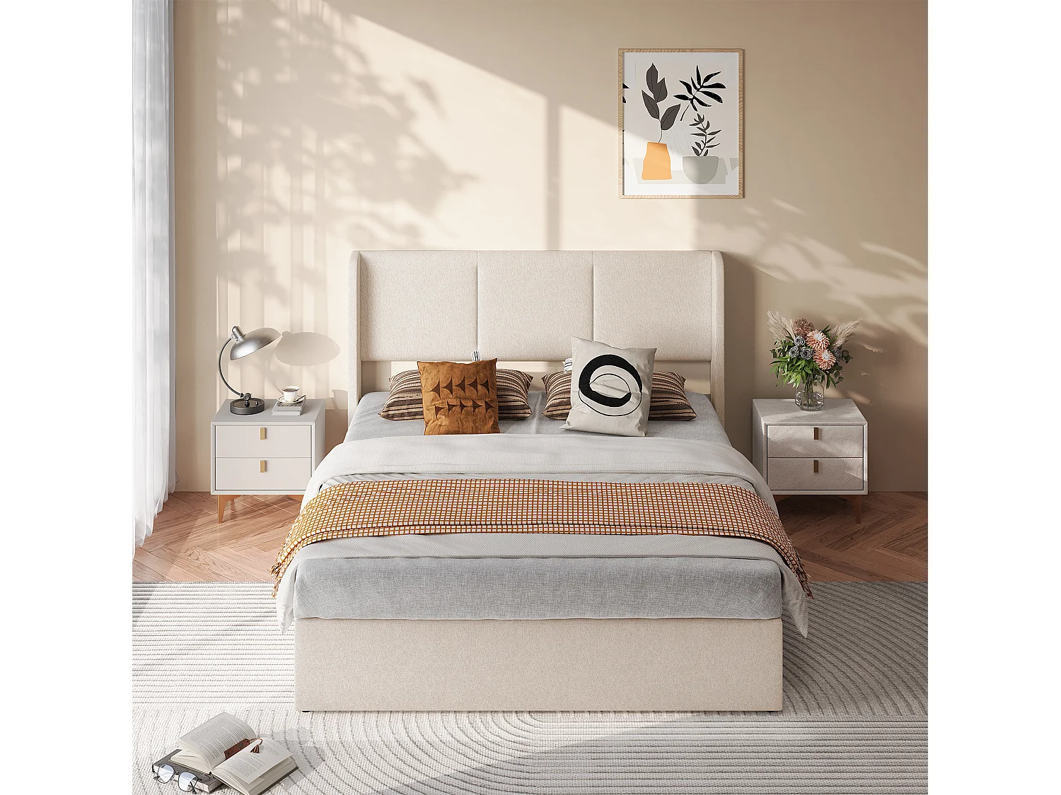 Lit Coffre 140x190 avec Sommier et Tete de Lit Rembourré - Tissu de Lin - Cadre de Lit 2 place - pour Adultes Adolescents - Beige