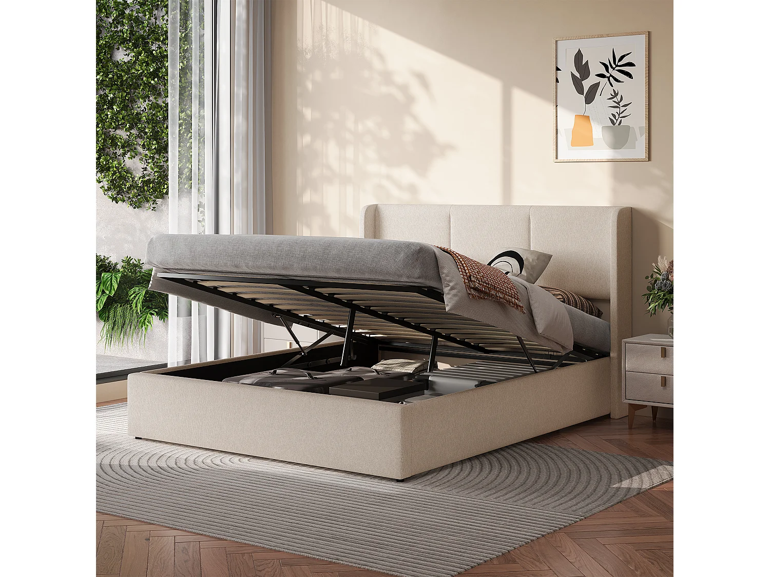 Lit Coffre 140x190 avec Sommier et Tete de Lit Rembourré - Tissu de Lin - Cadre de Lit 2 place - pour Adultes Adolescents - Beige