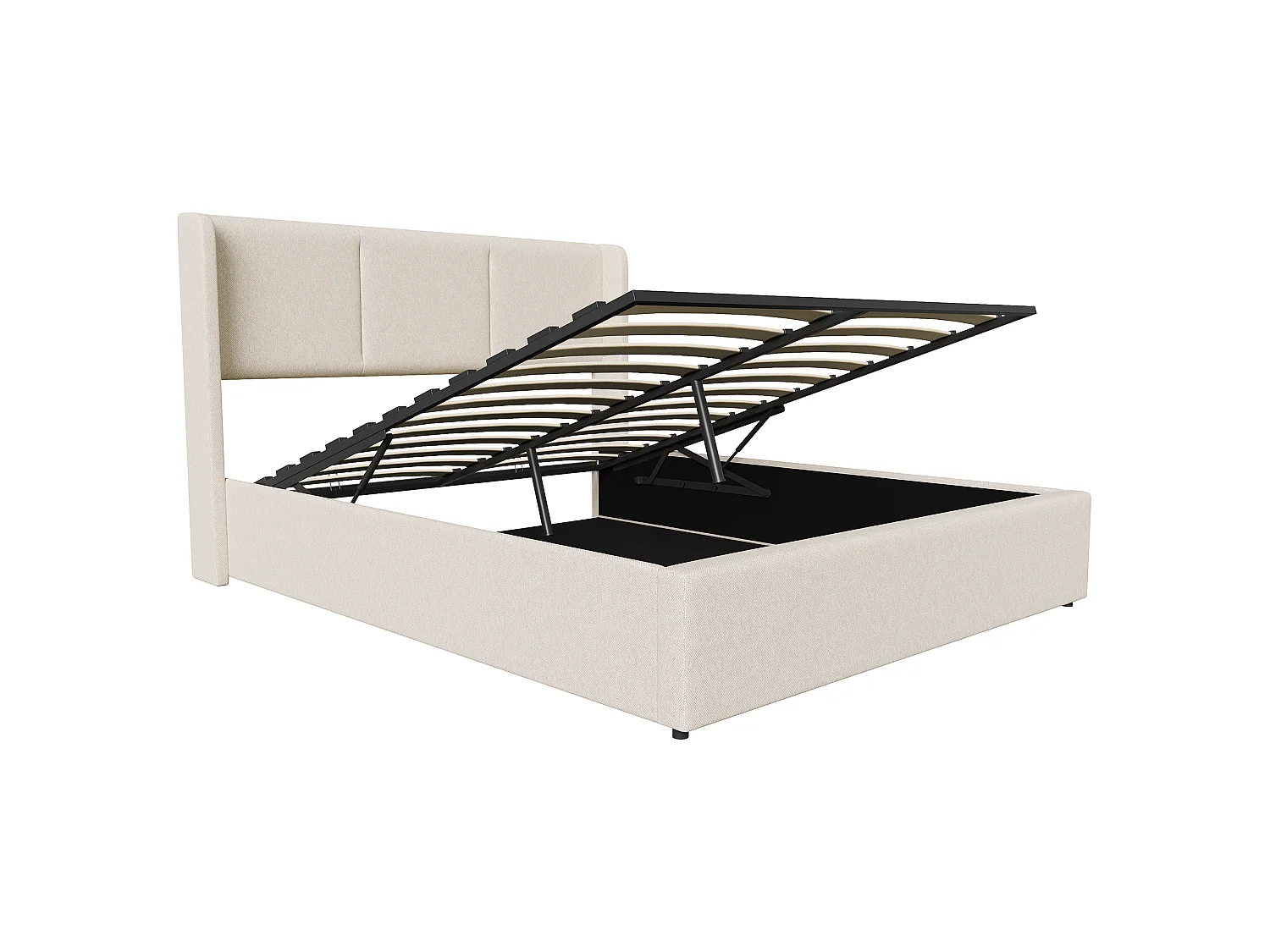 Lit Coffre 140x190 avec Sommier et Tete de Lit Rembourré - Tissu de Lin - Cadre de Lit 2 place - pour Adultes Adolescents - Beige