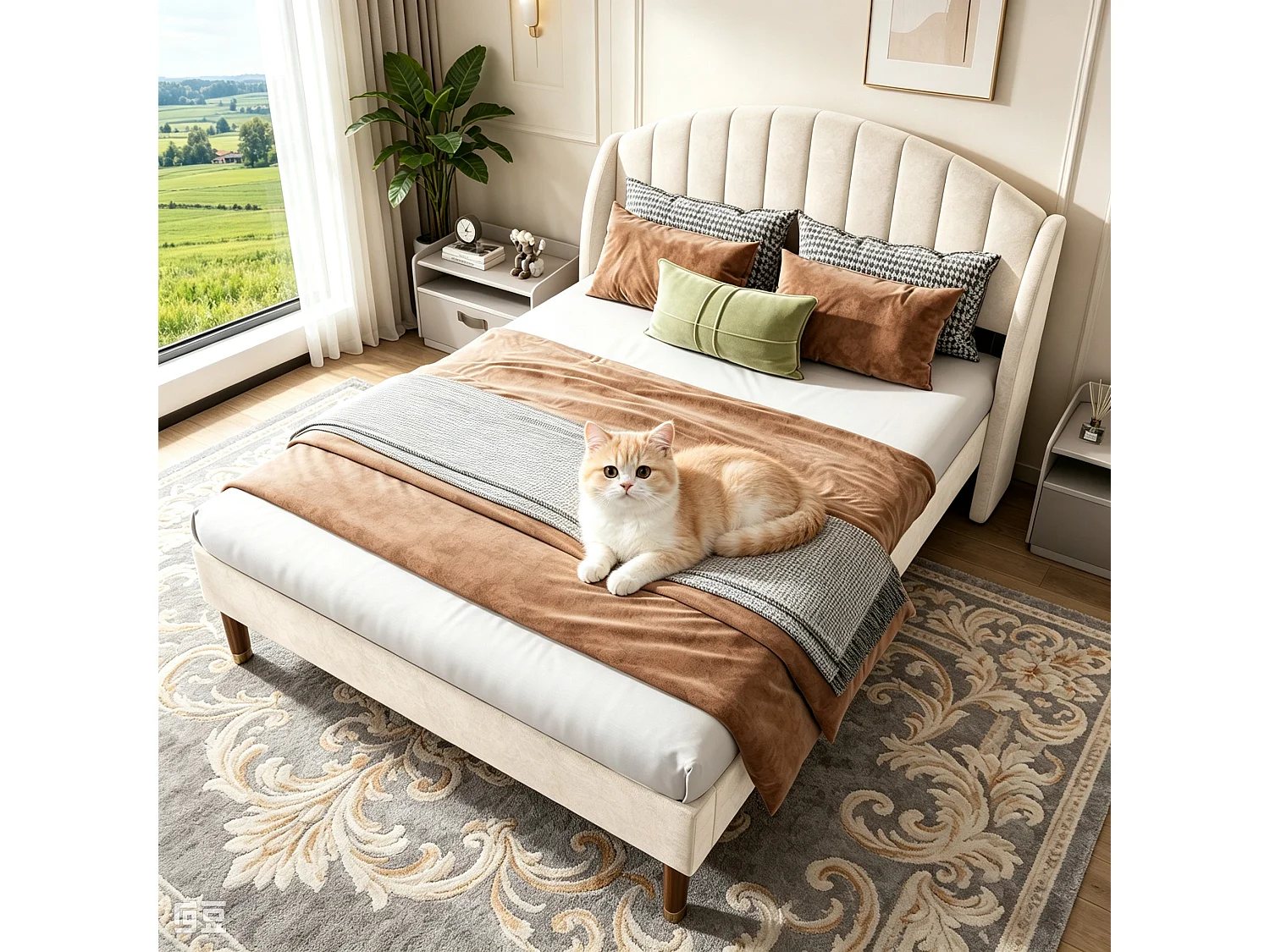Lit Double 140x190CM avec Tête de Lit Rembourrée - Cadre de Lit  Adultes Adolescents avec Sommier en Bois Massif - Velours - Beige