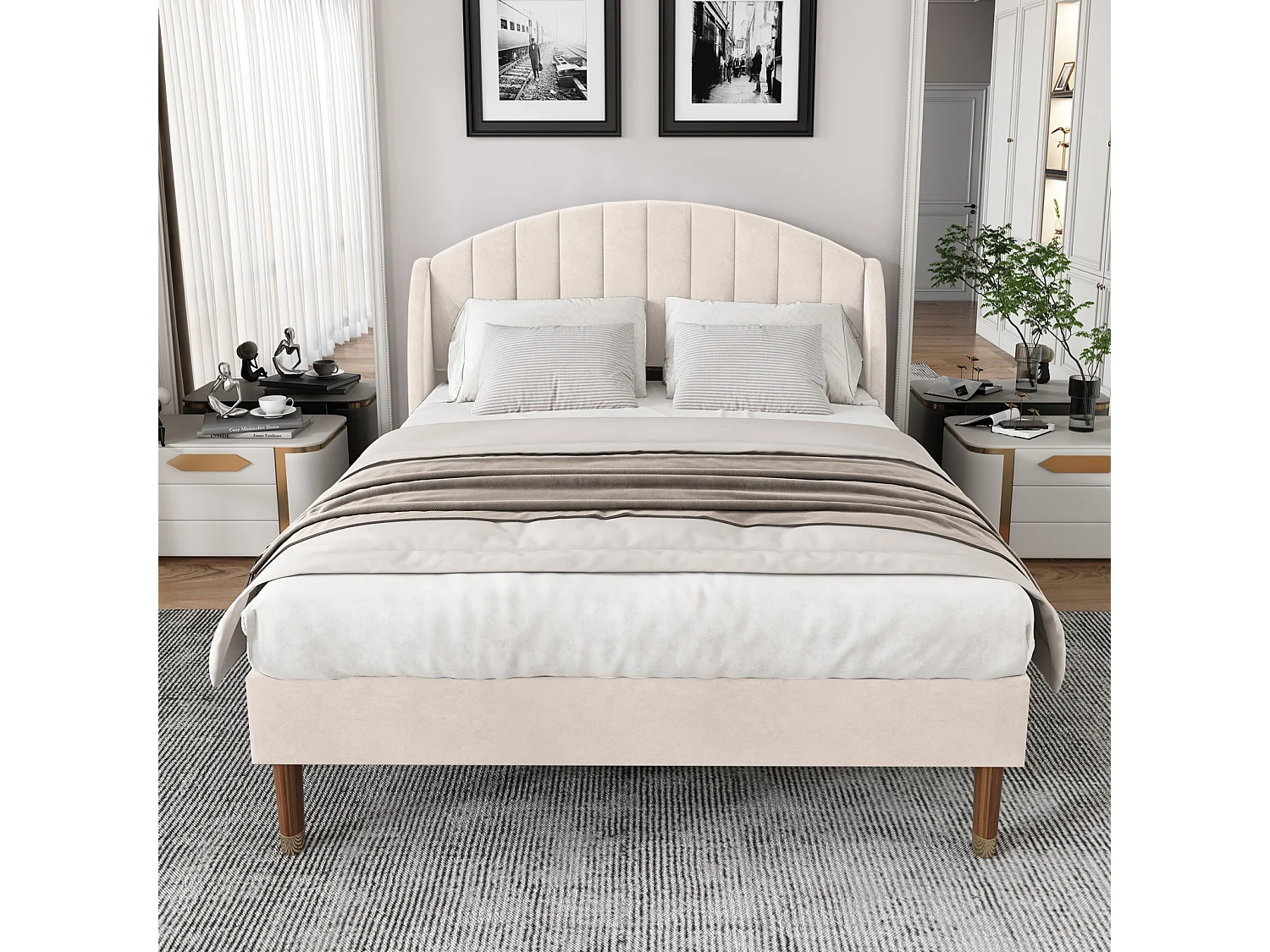 Lit Double 140x190CM avec Tête de Lit Rembourrée - Cadre de Lit  Adultes Adolescents avec Sommier en Bois Massif - Velours - Beige