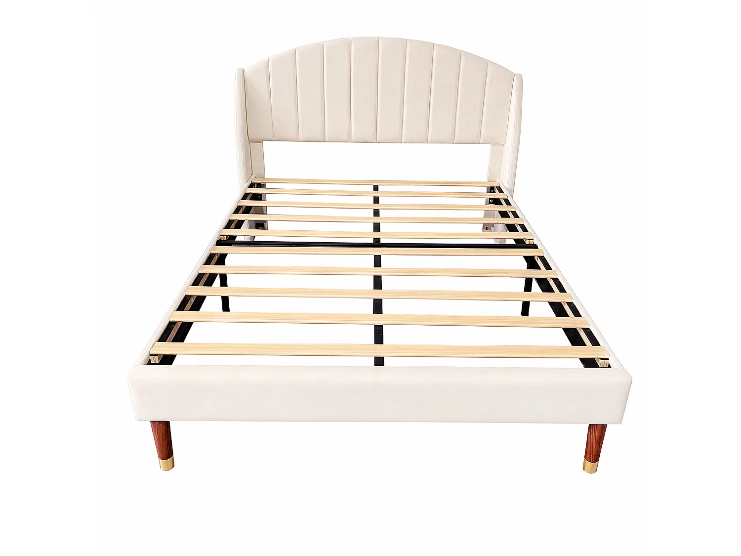Lit Double 140x190CM avec Tête de Lit Rembourrée - Cadre de Lit  Adultes Adolescents avec Sommier en Bois Massif - Velours - Beige
