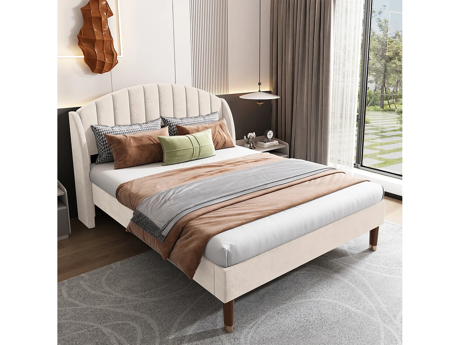 Lit Double 140x190CM avec Tête de Lit Rembourrée - Cadre de Lit  Adultes Adolescents avec Sommier en Bois Massif - Velours - Beige