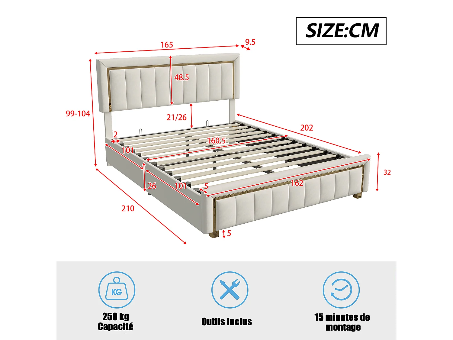 160x200cm bed met verstelbaar hoofdeinde - Tweepersoonsbedframe van 160x200cm met opbergruimte en houten lattenbodem - Fluweelstof - Wit